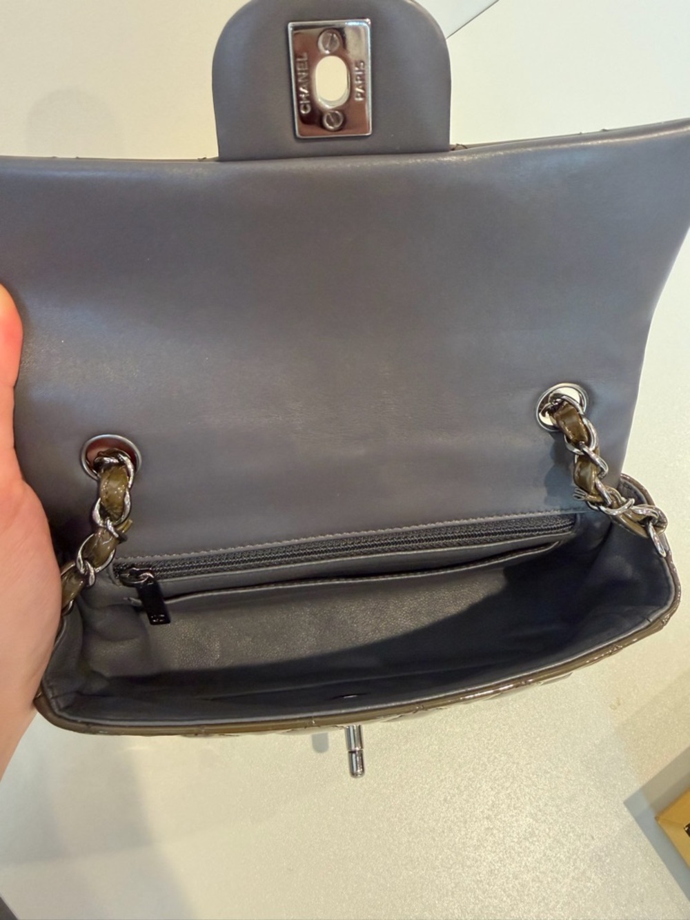 CHANEL Quilted Patent Leather Mini Flap Bag in Olive - Picture 12 of 16